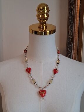 Handcrafted Red Heart Beaded Necklace Glass Crystal Romantic Cottagecore OS